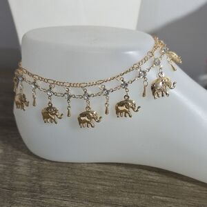 14k Gold Plated Elephant Charm Anklet with Clear Crystal Accents